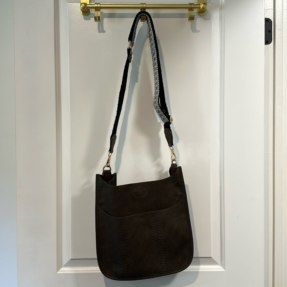 Brown Vegan Leather Crossbody with Guitar Strap Black/Grey Woven Detail